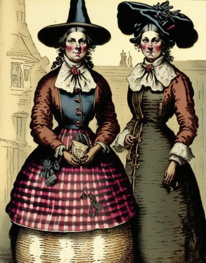 Historical Costumes of Two Women in Architectural Setting