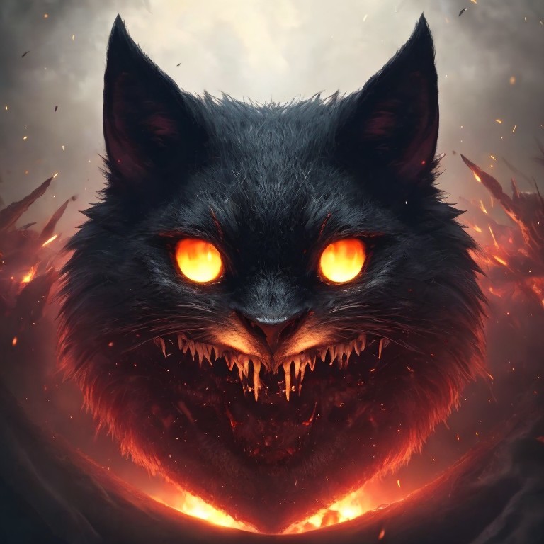 Enigmatic Cat Head in Smoke and Glowing Flames