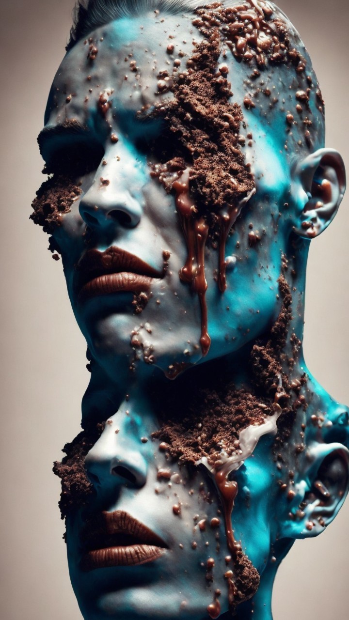 Intertwined Heads with Blue Texture and Chocolate Layers