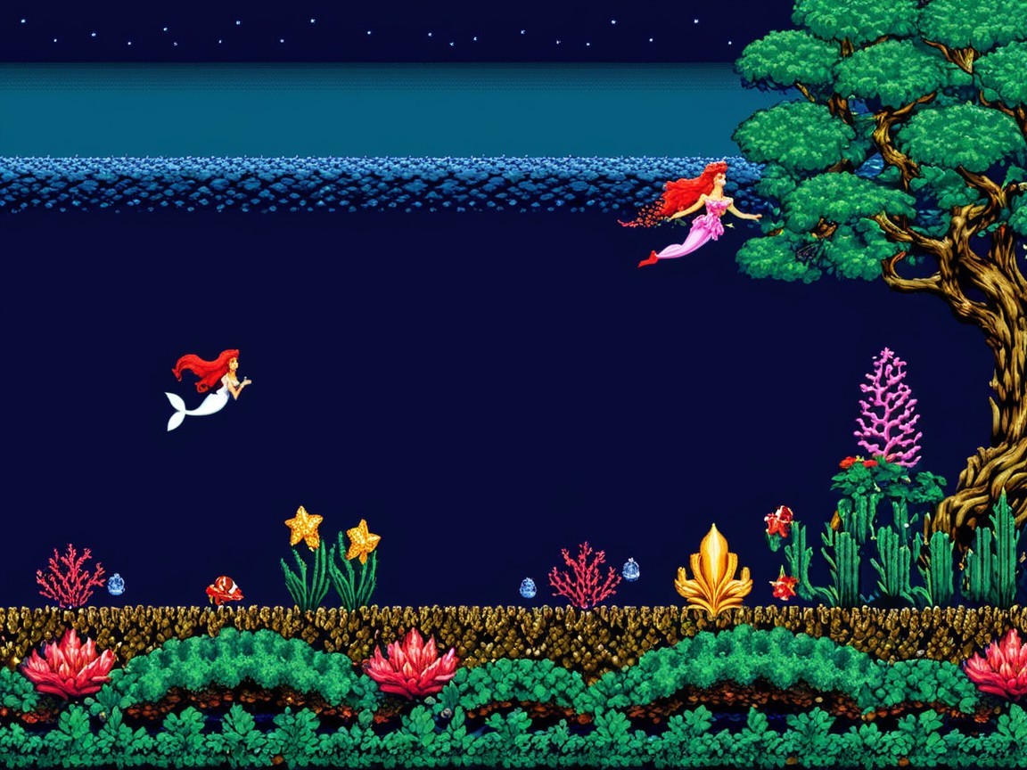 Vibrant Underwater Scene with Retro Pixel Art Elements
