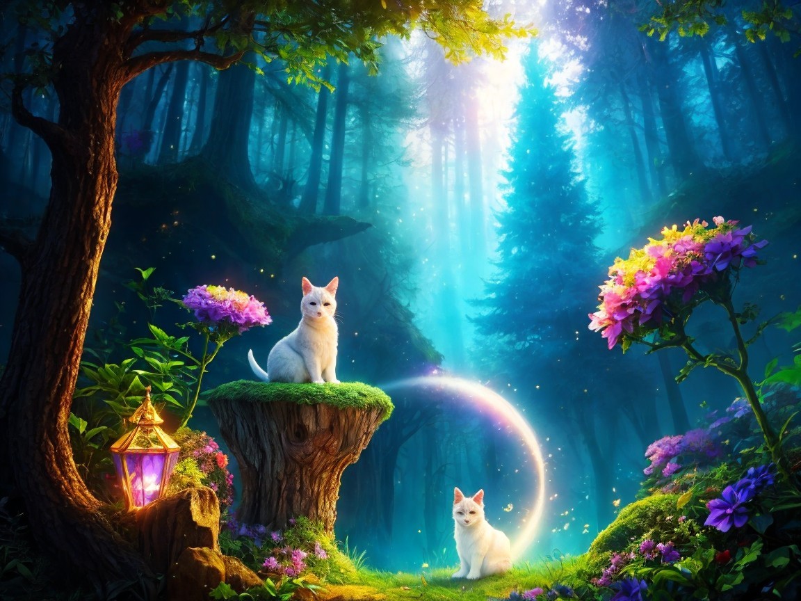 Mystical Forest with Cats, Lantern, and Flowers