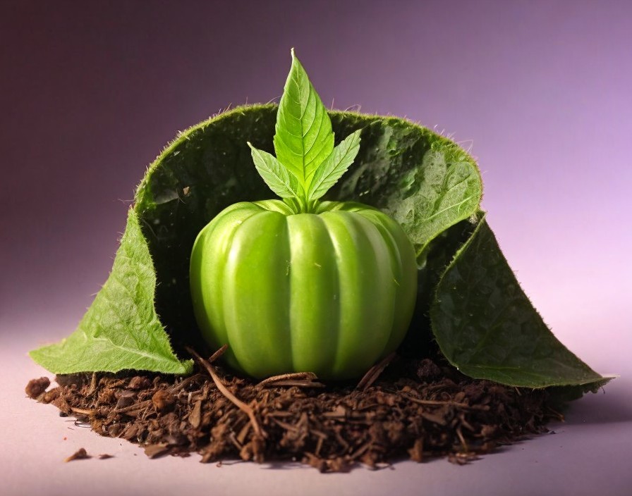 Vibrant Green Tomato Surrounded by Lush Leaves and Soil
