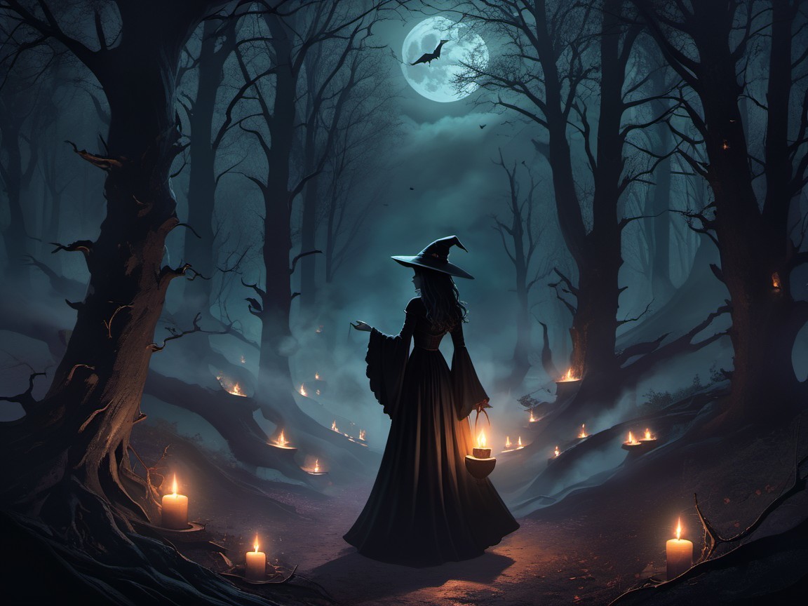 Moonlit Forest Scene with Witch and Flickering Candles