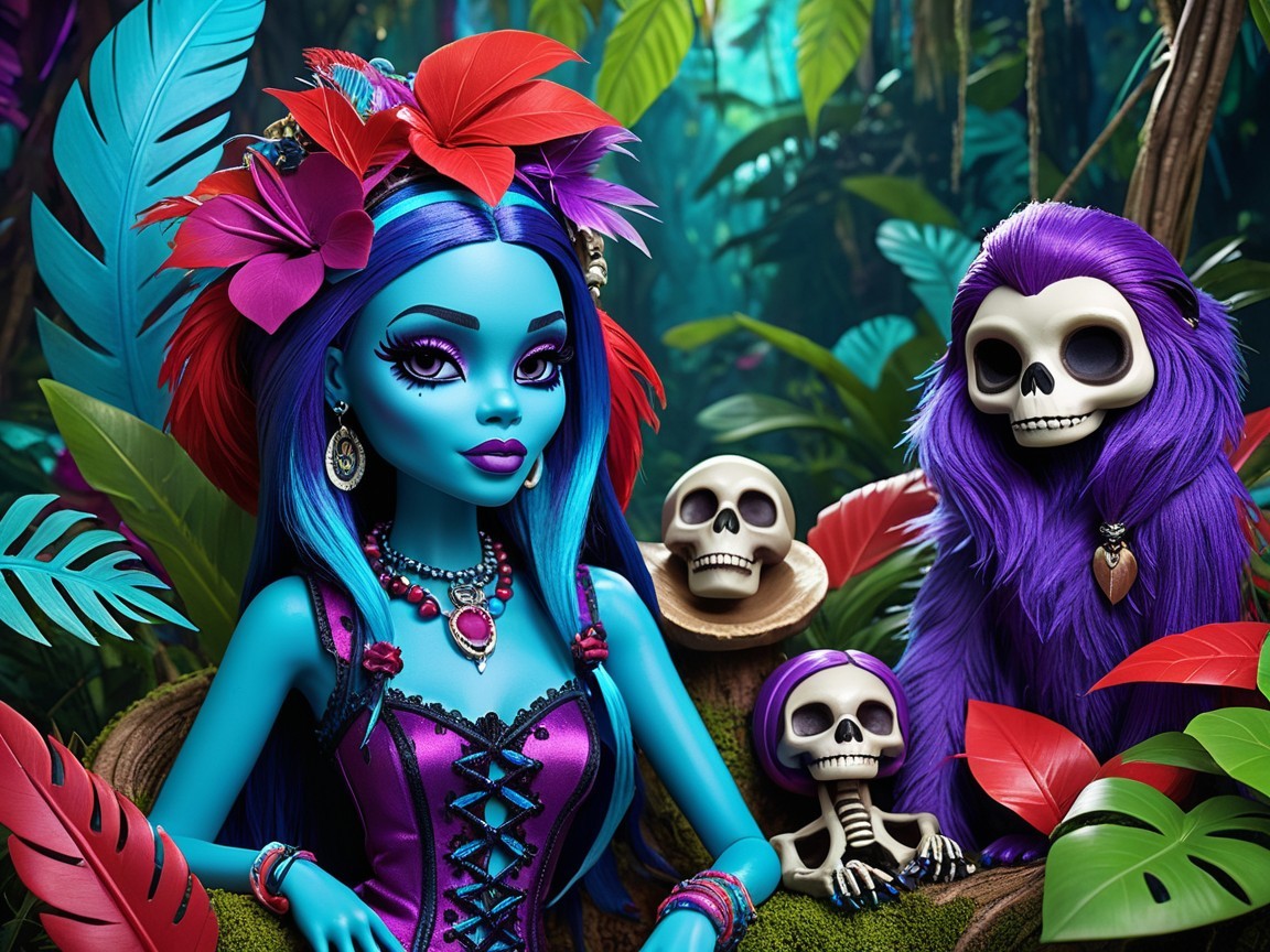 Blue-Skinned Doll and Purple Monkey in Jungle Scene
