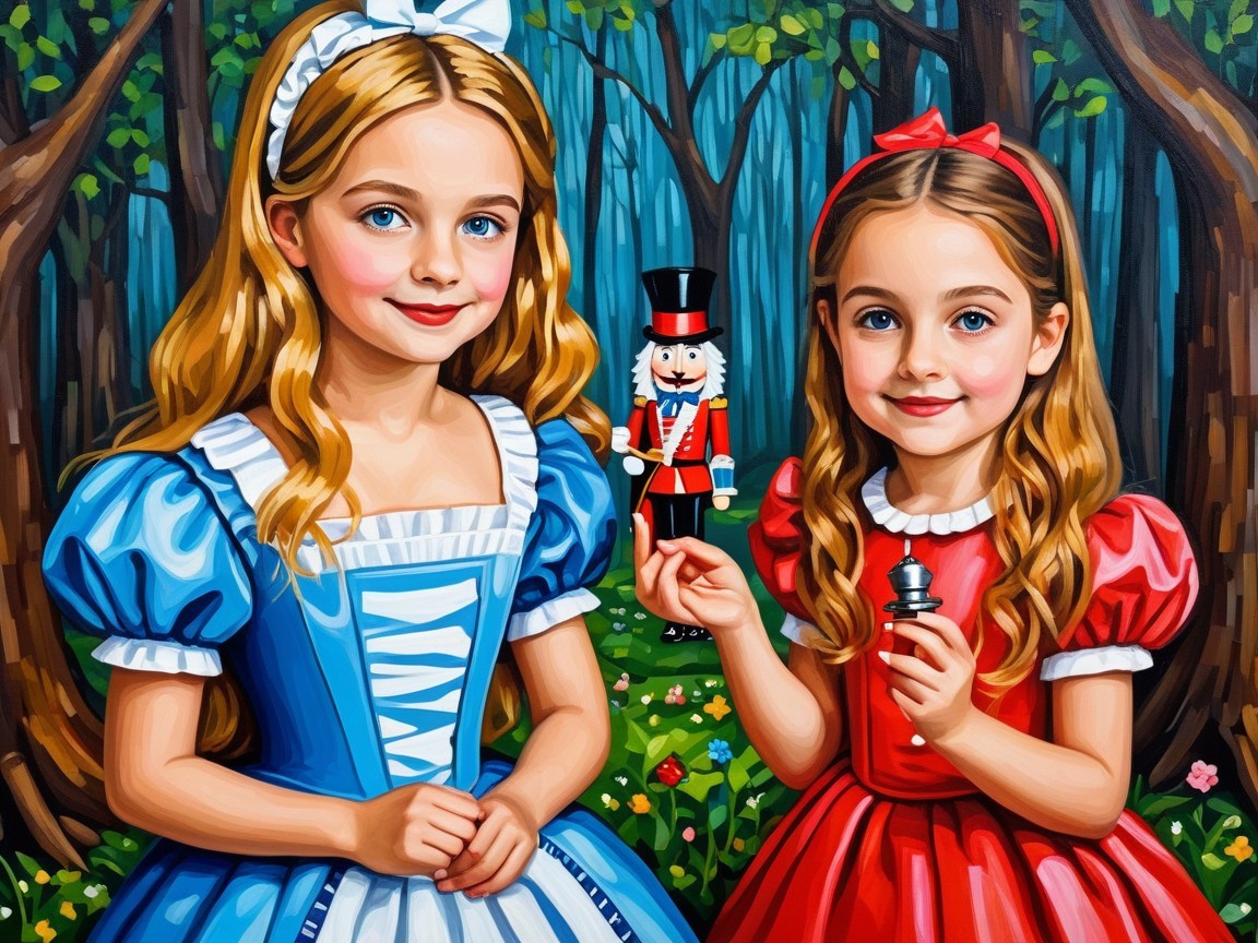 Young girls in a magical forest with whimsical elements