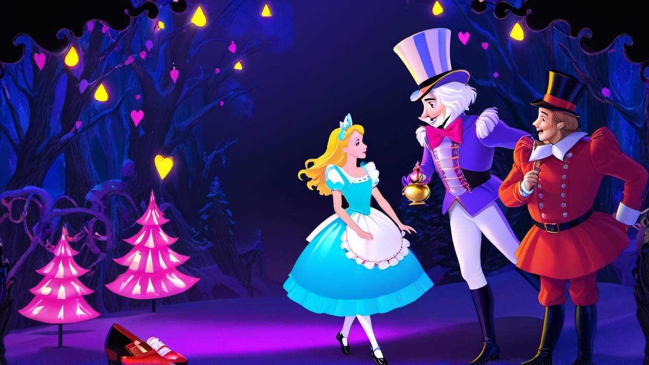Young girl in fairy-tale setting with dapper gentlemen
