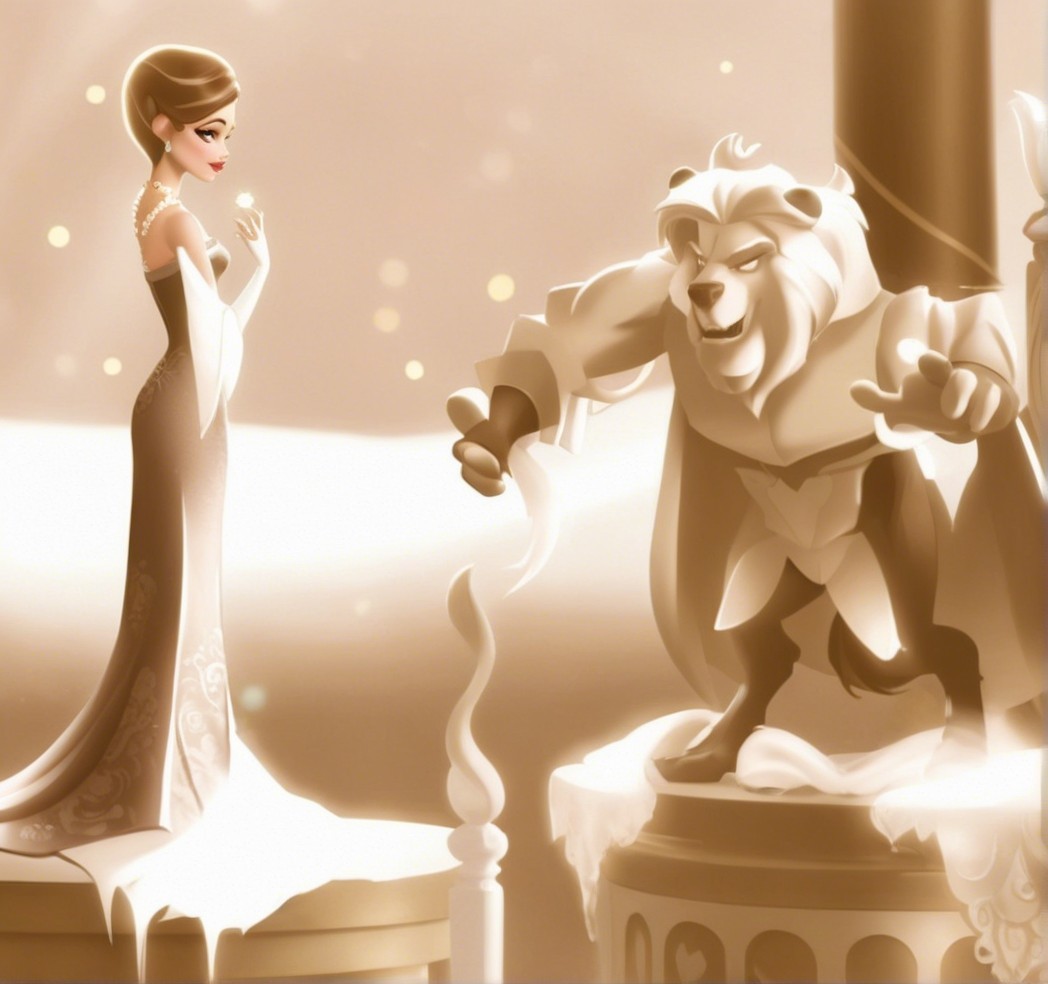 Elegant woman in flowing gown by majestic lion statue
