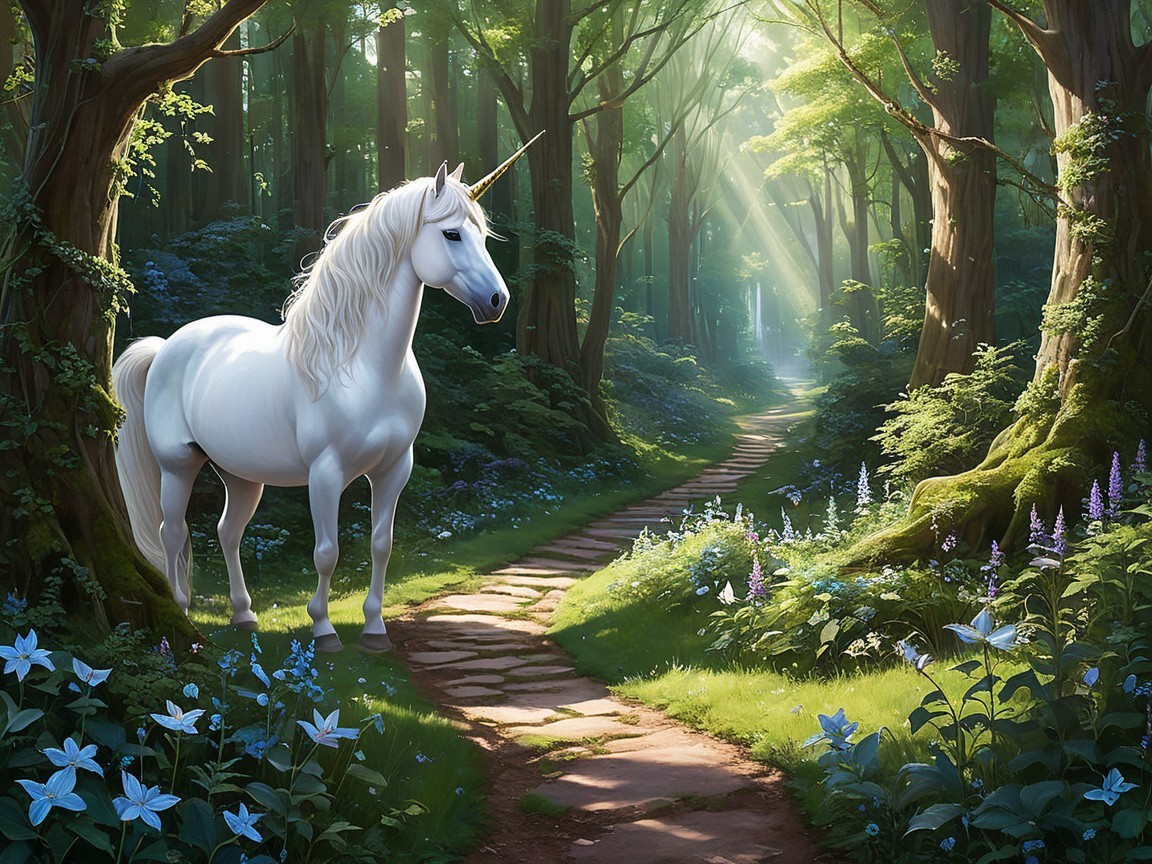 Majestic white unicorn in a sunlit forest setting