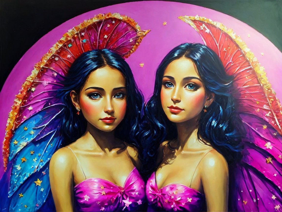 Ethereal Twin Figures with Colorful Wings and Stars