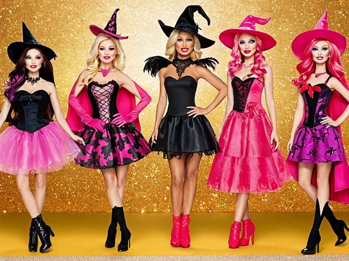 Colorful Witch Dolls Against Sparkling Gold Background