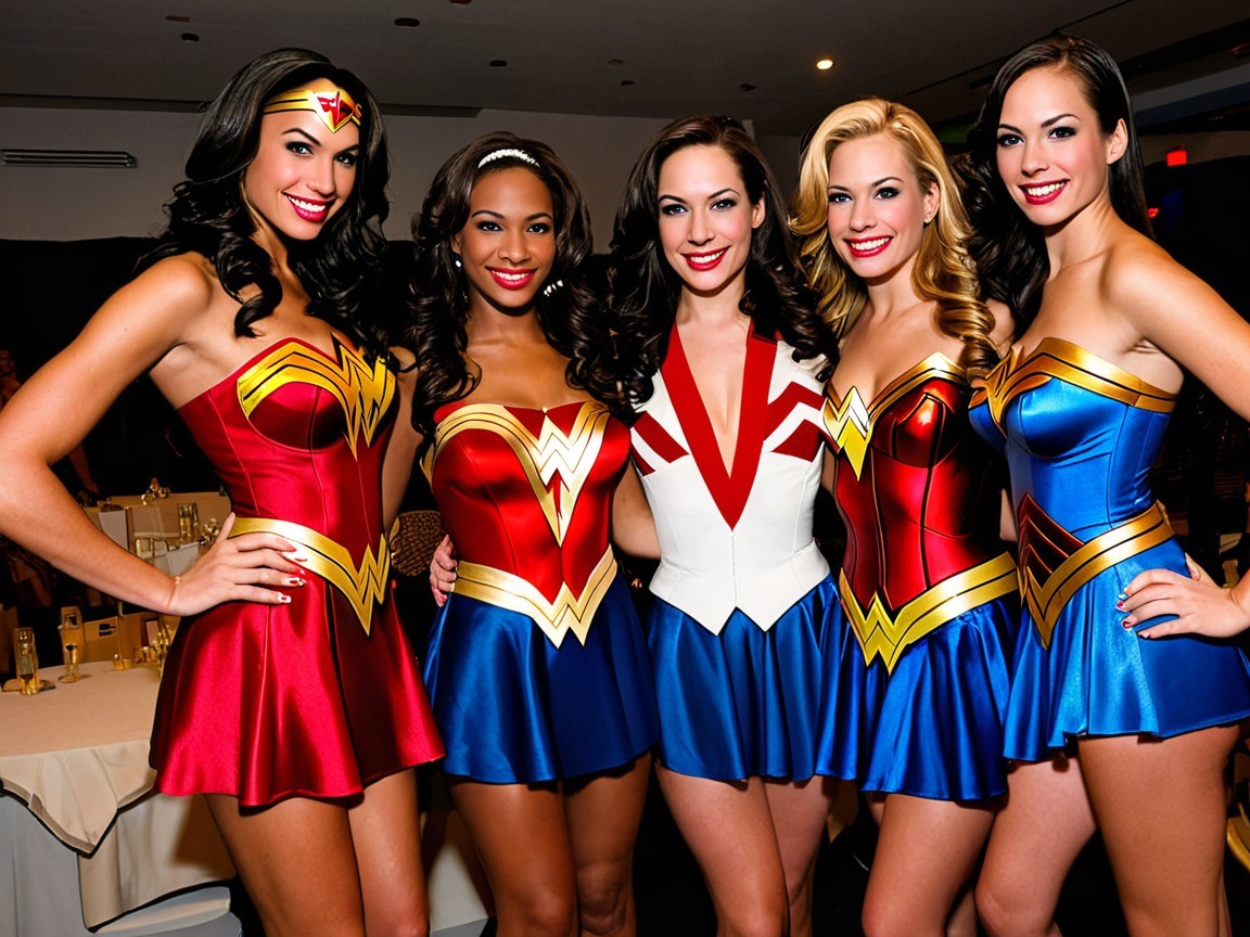 Women in Themed Wonder Woman Costumes with Table Setting