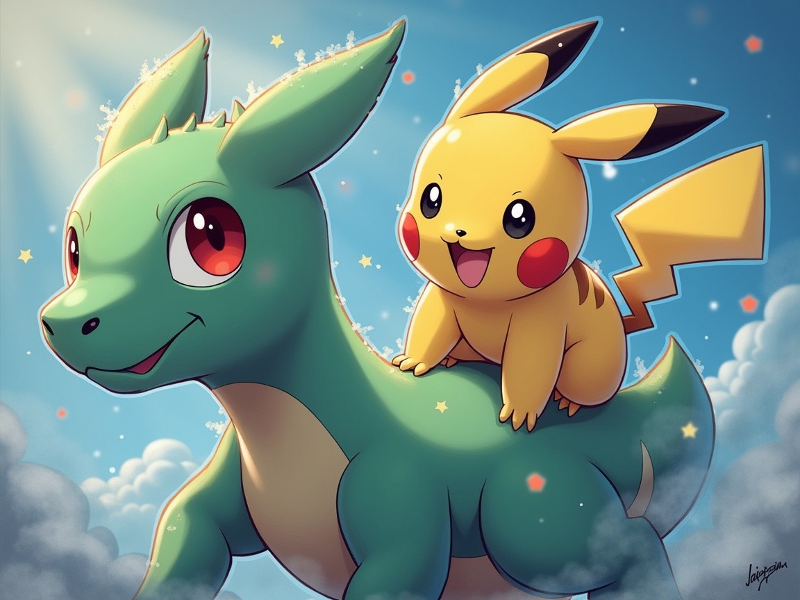 Cheerful Pikachu on a green dragon in a fantasy scene