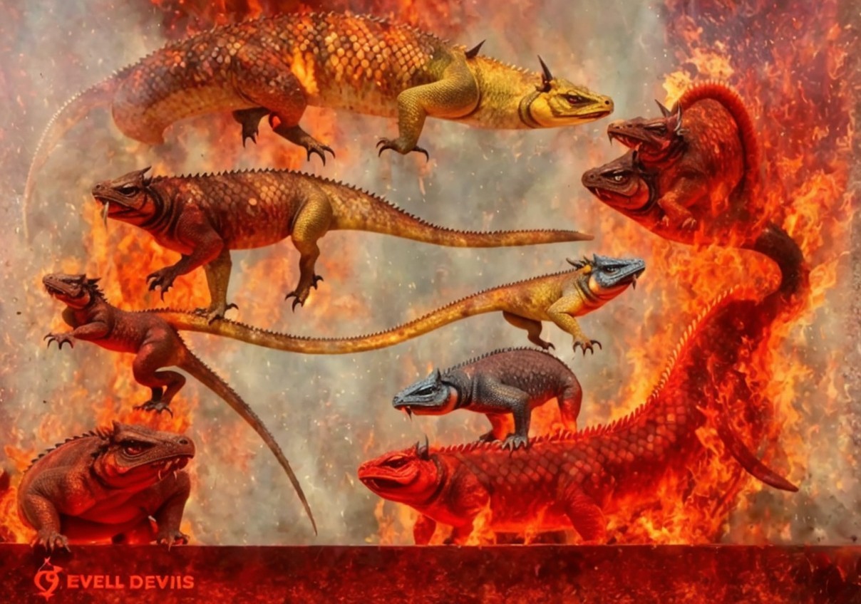 Stylized lizards against a fiery backdrop illustration
