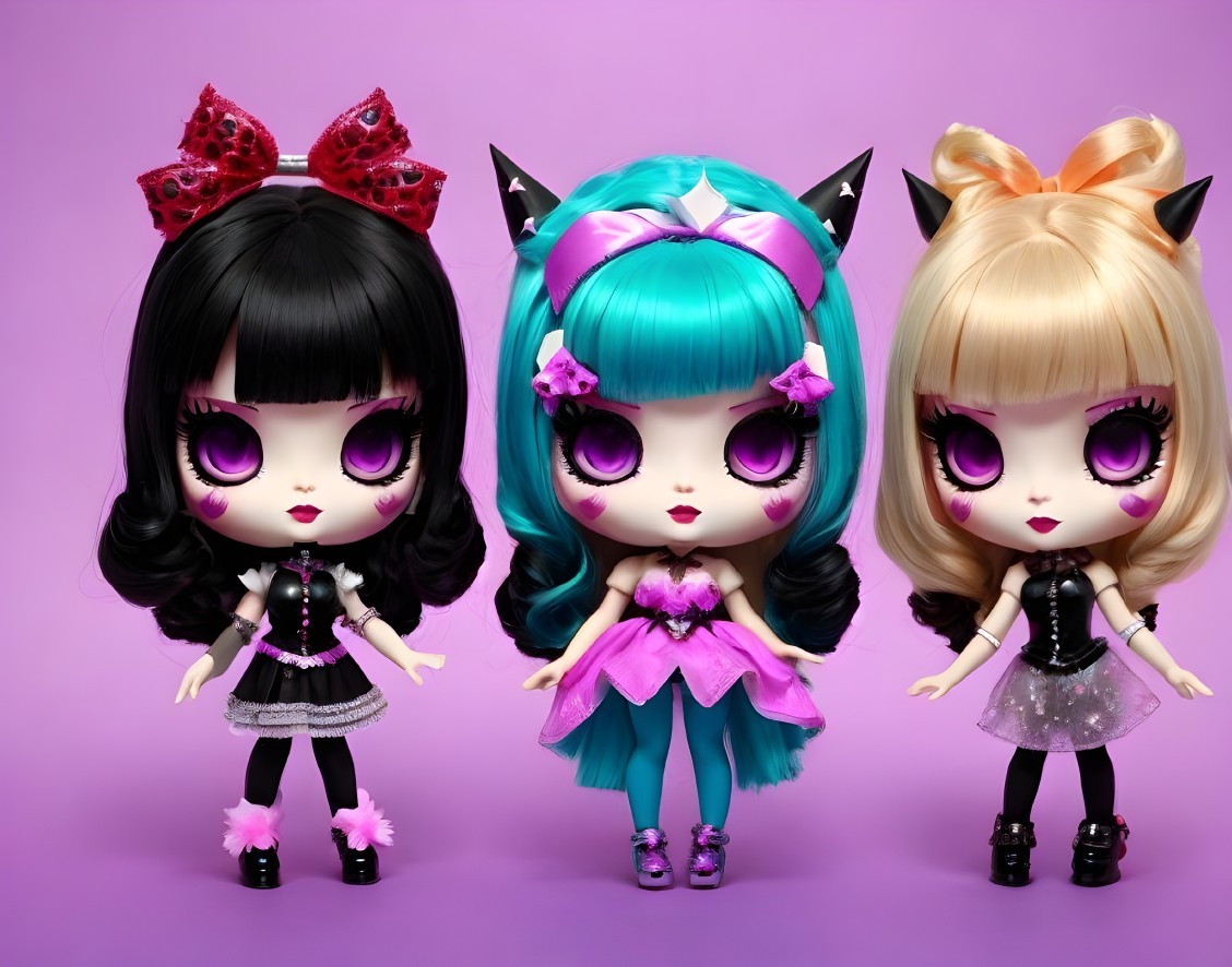 Vibrant Stylized Dolls on Purple Background