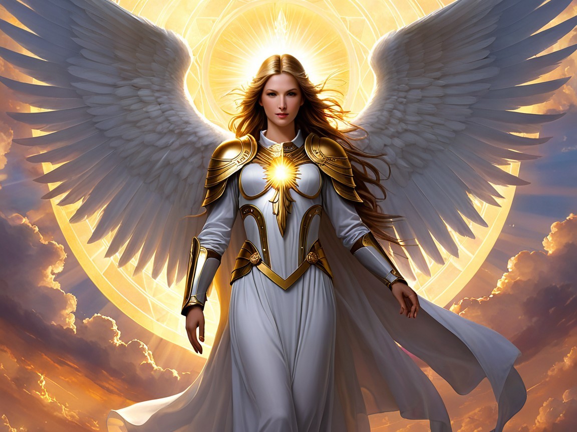 Majestic angelic figure with ethereal wings and gown