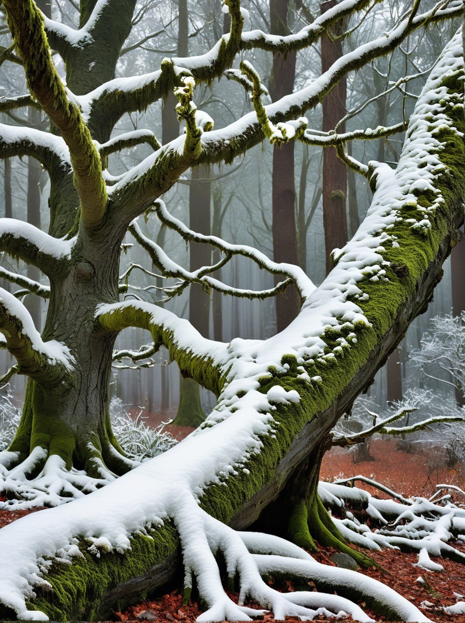 Serene winter forest with snow-covered gnarled trees