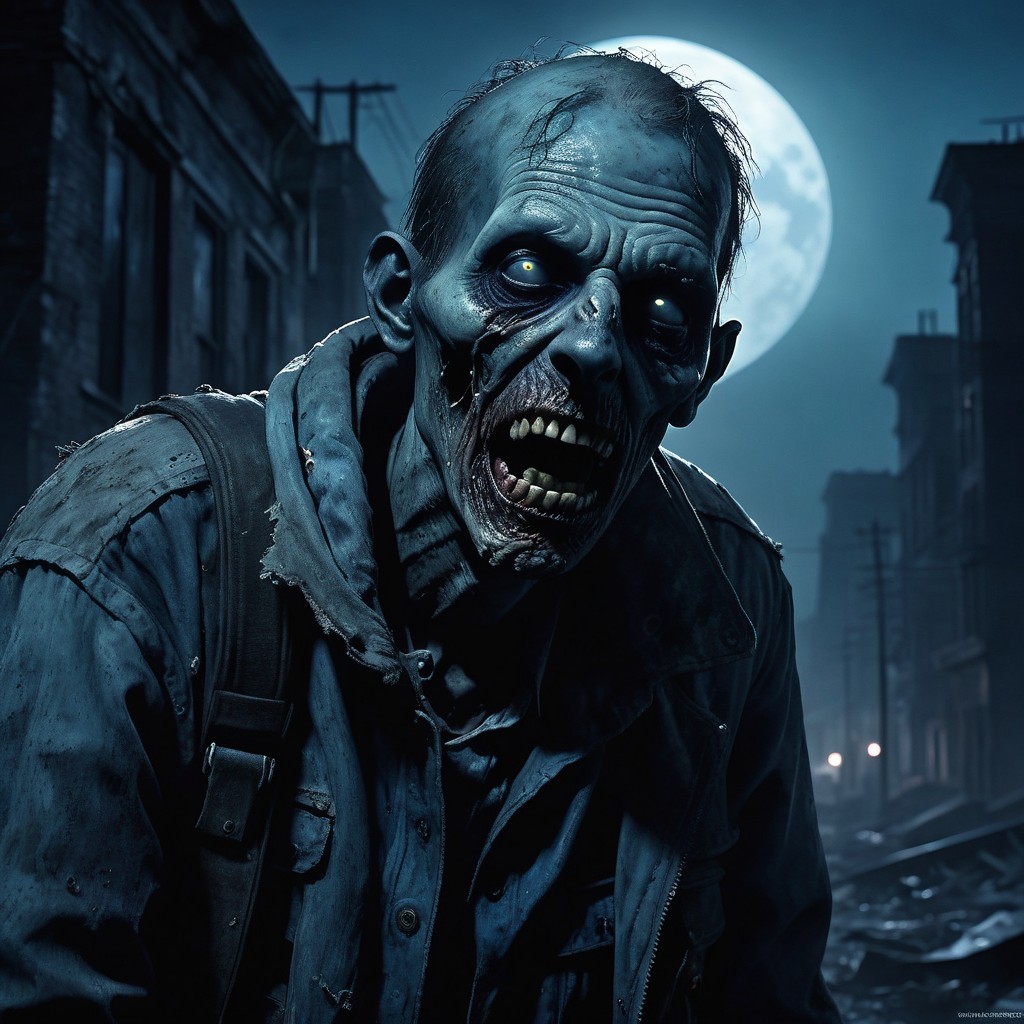 Desolate Urban Landscape with Grotesque Zombie Under Moon