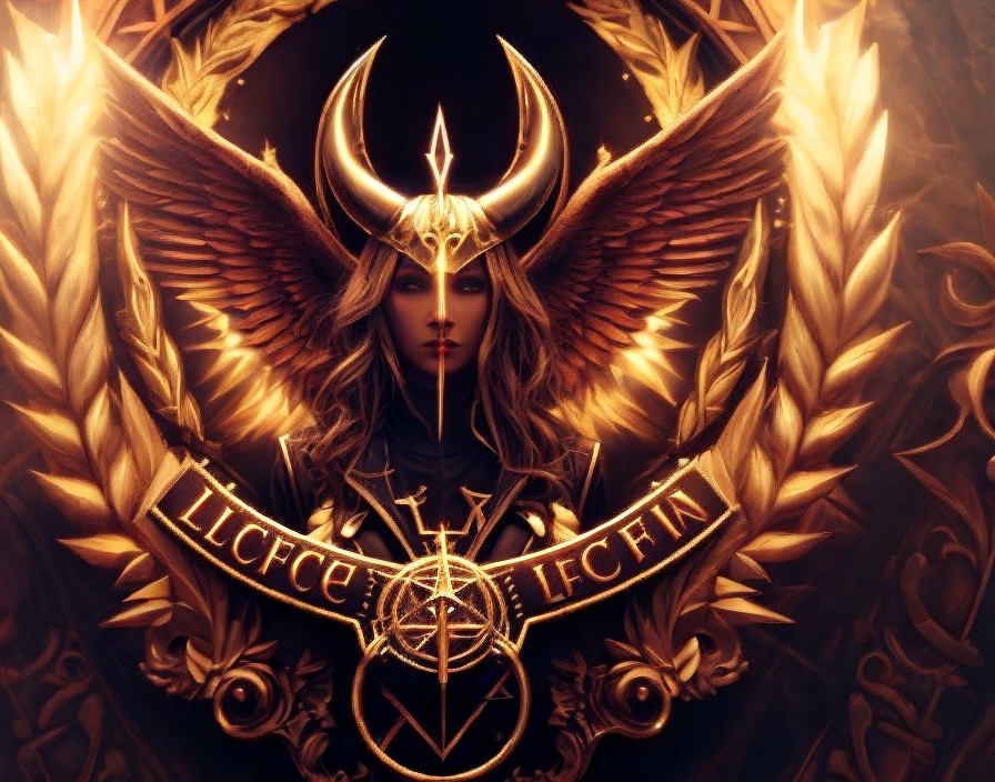 Powerful figure with golden wings and horned headdress