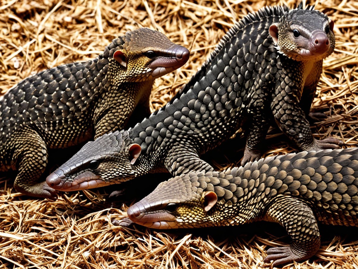 Armored Scaly Creatures Resting on Dry Straw