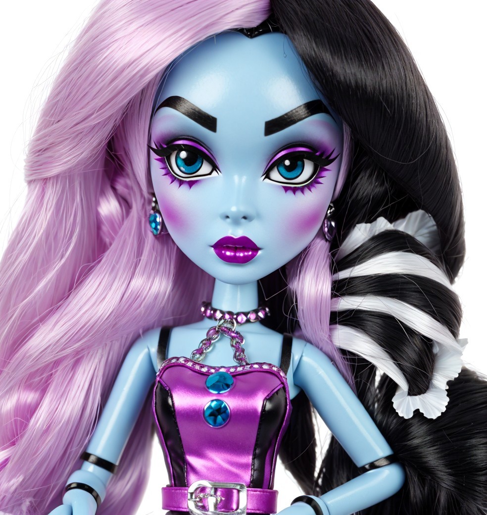 Stylish doll with blue skin and contrasting hair colors