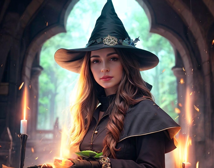 Young Woman in Witch Costume in Mystical Setting
