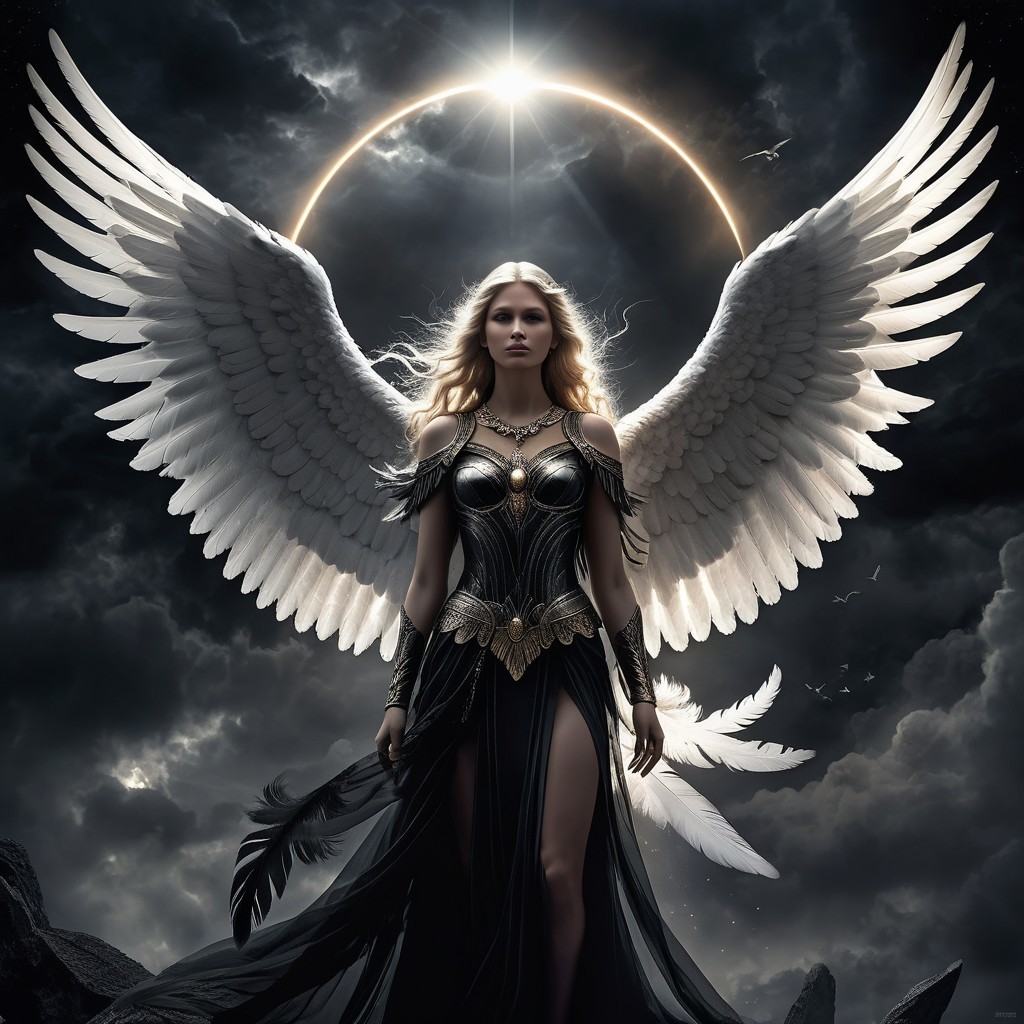 Majestic figure with white wings in dark sky setting