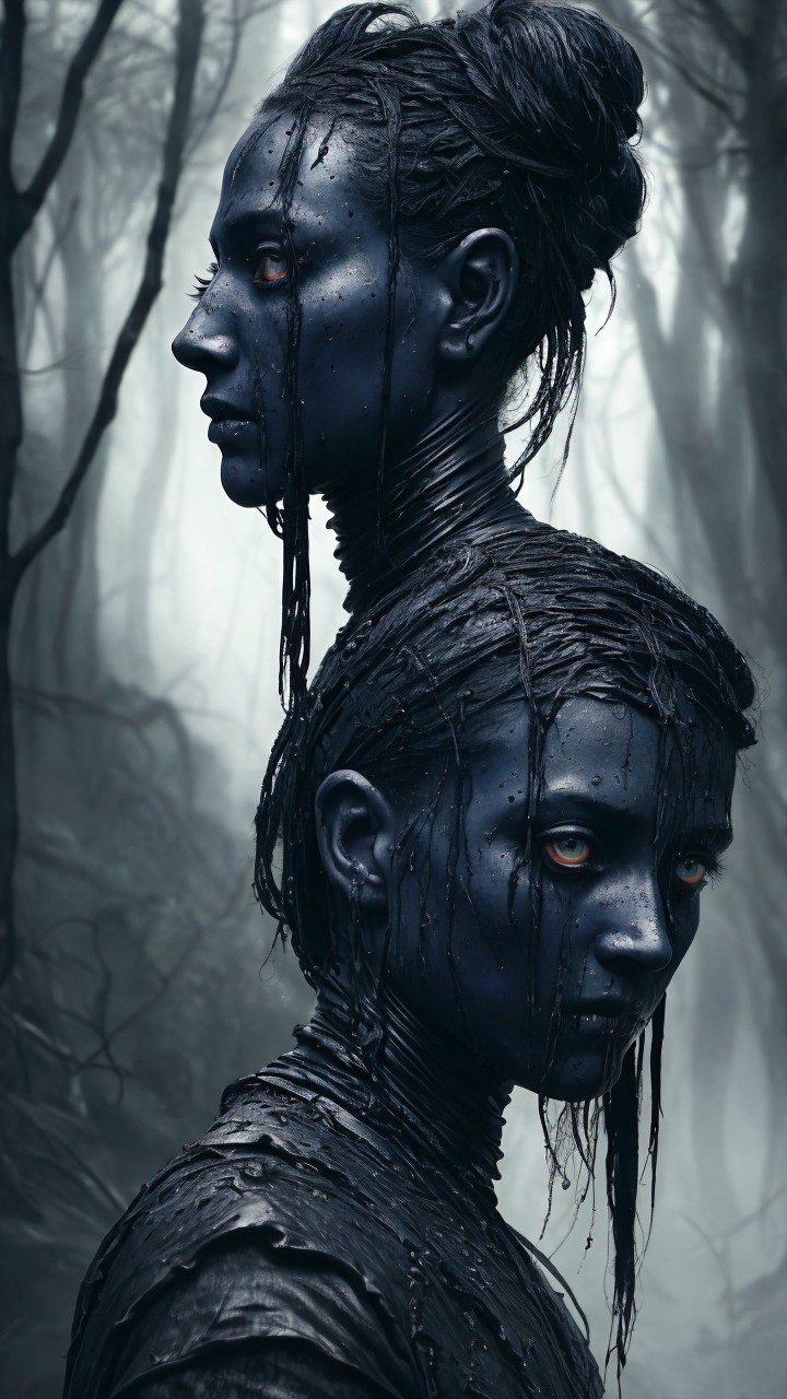 Interconnected Figures with Blue-Black Skin in Forest