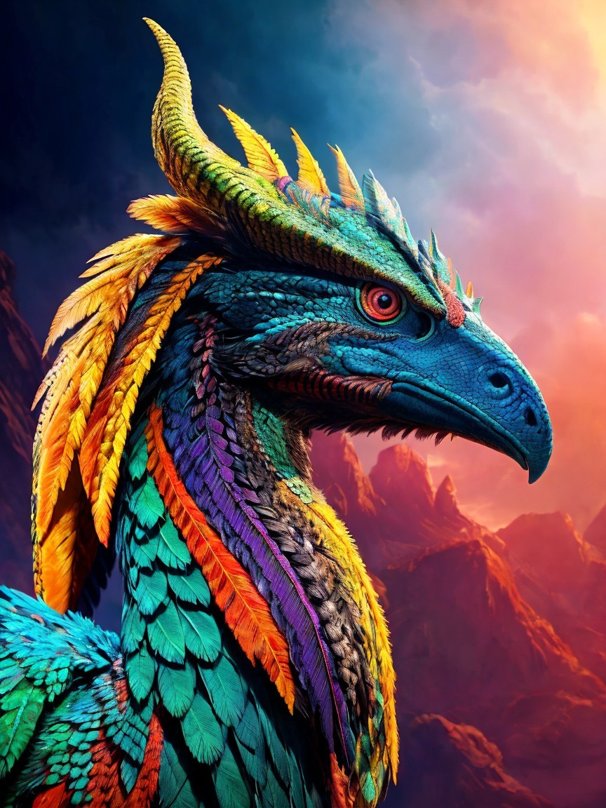 Mythical Creature with Colorful Feathers and Horns