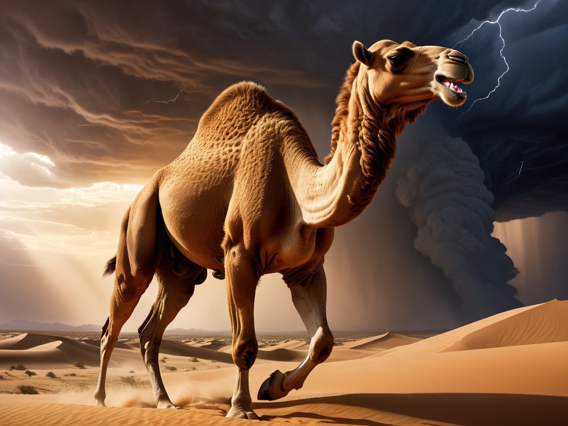 Camel in Desert Landscape with Stormy Sky