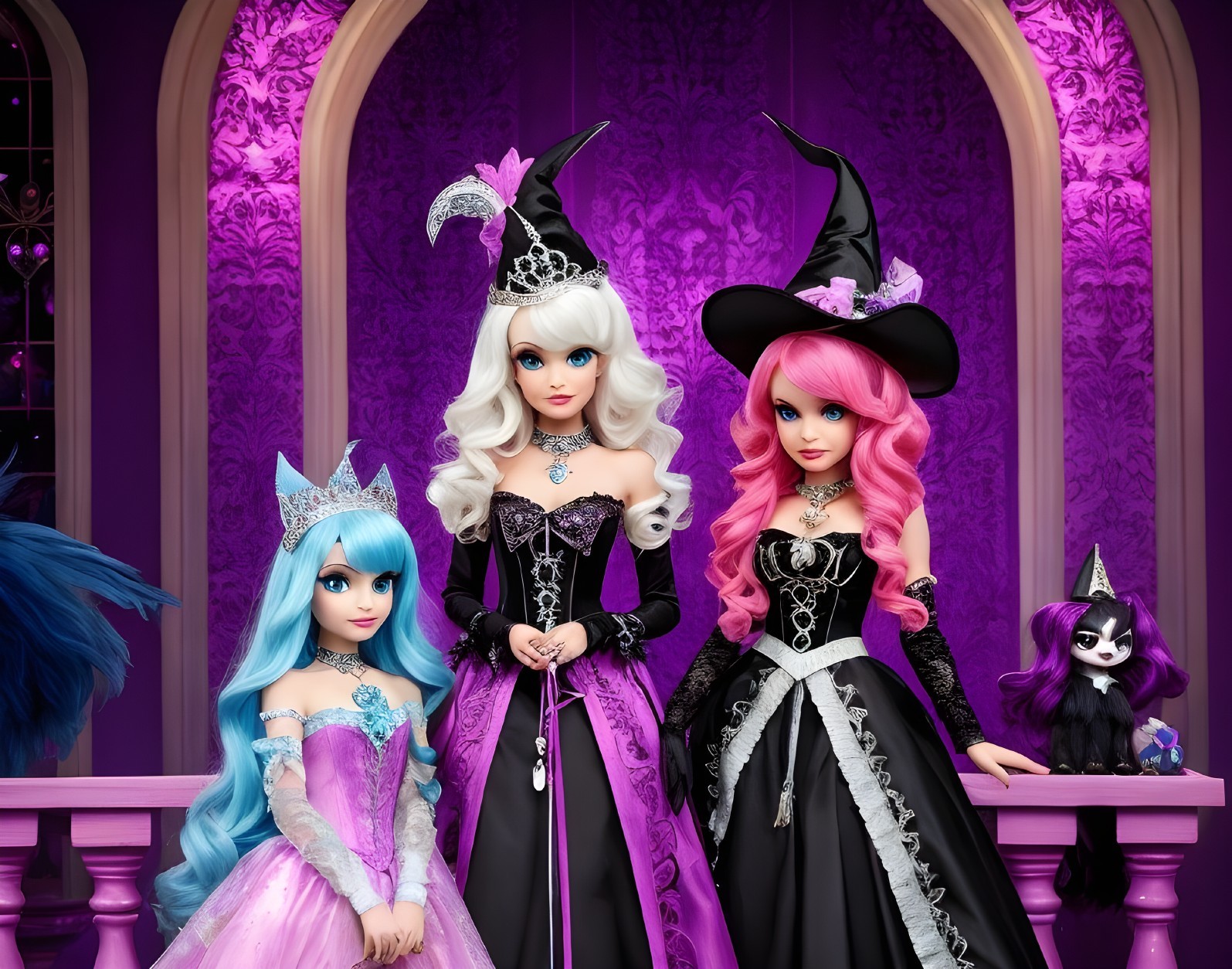 Stylish dolls in an enchanting setting with regal backdrop