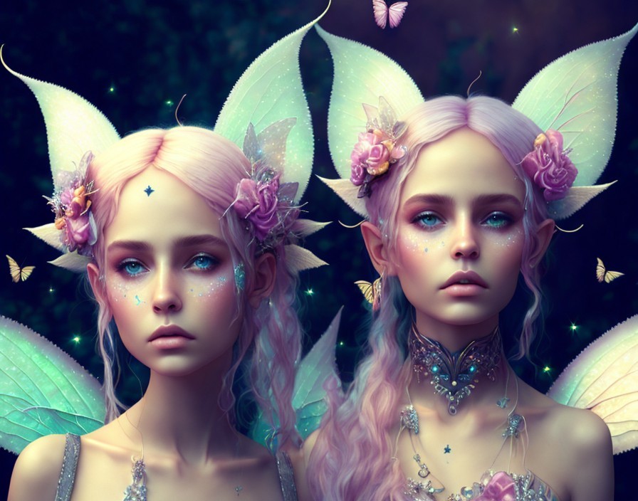 Ethereal fairies with pastel hair and shimmering wings