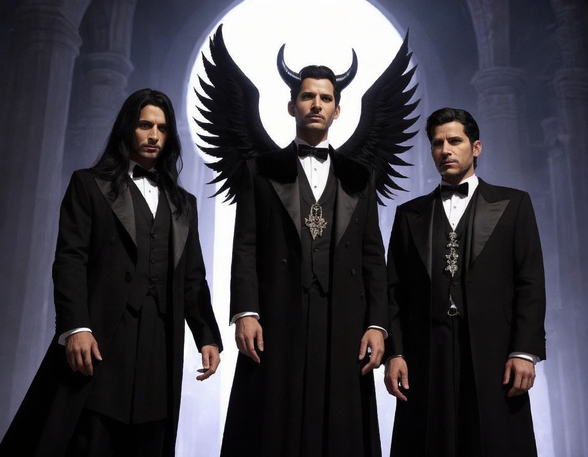 Three Men in Formal Attire with Dark Supernatural Elements