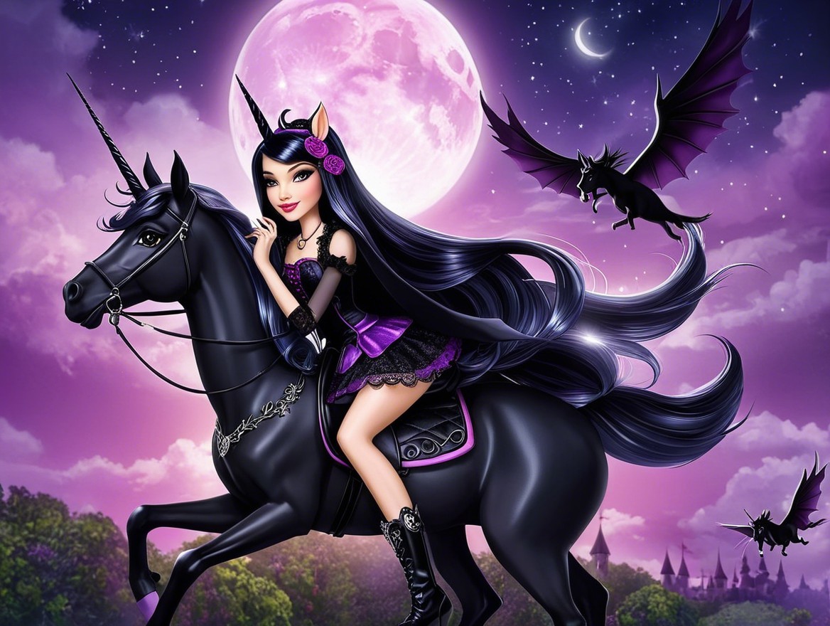 Young woman on black unicorn under a glowing moon