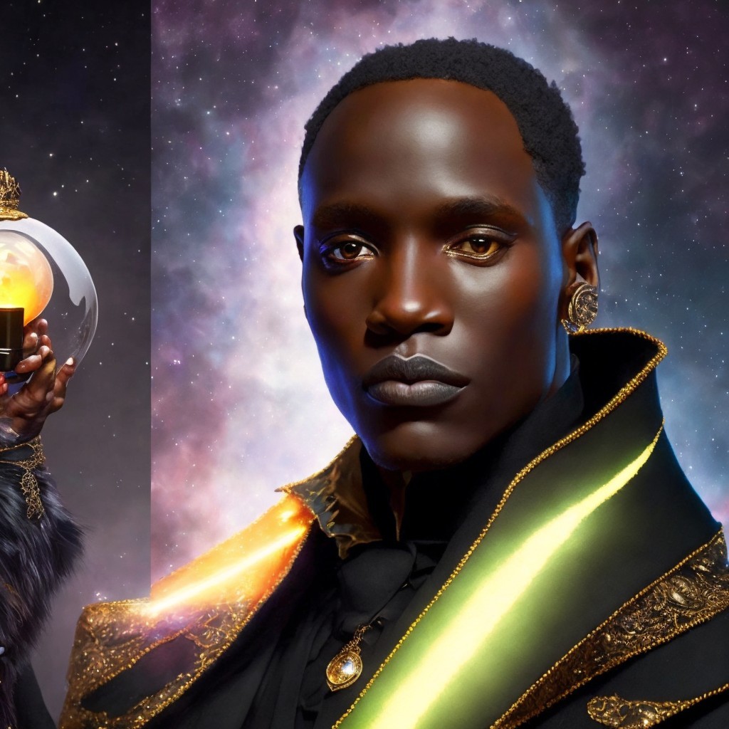 Regal Figure in Cosmic Backdrop with Detailed Cloak