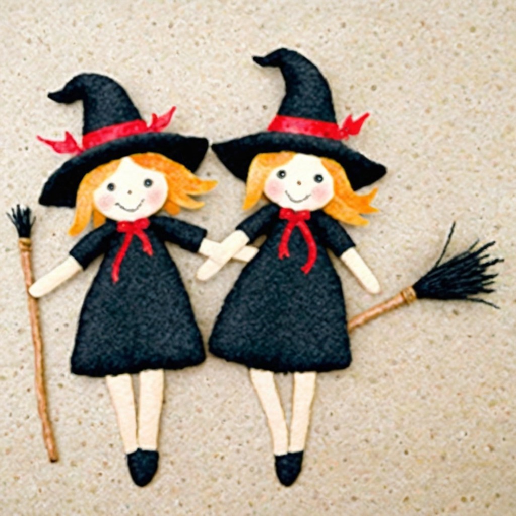 Handmade Witch Dolls in Black Dresses with Broomsticks