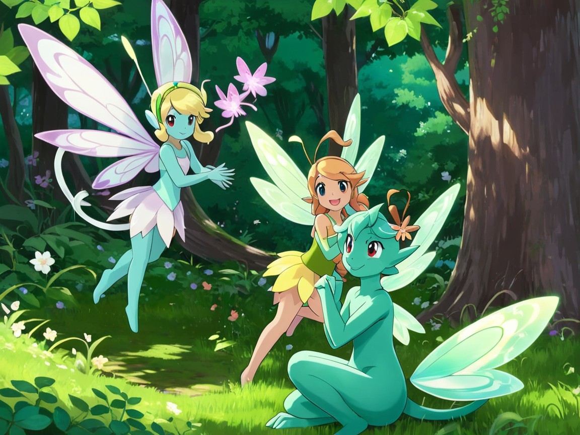 Whimsical Fairies in a Vibrant Forest Scene