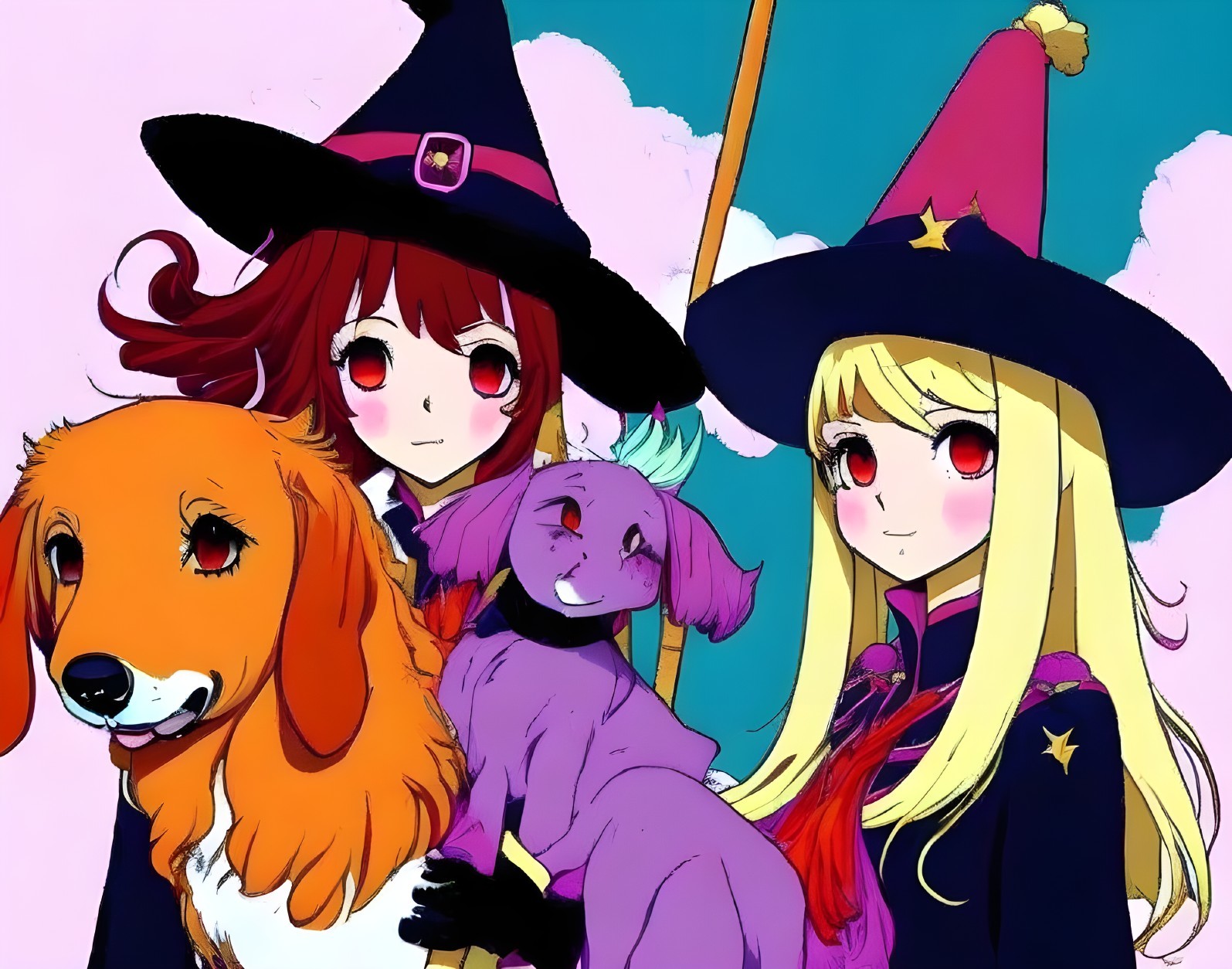 Young Witches with Dogs Against Colorful Sky