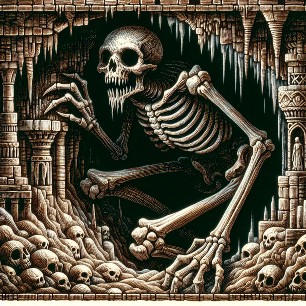 Skeletal Figure in Shadowy Cave Illustration