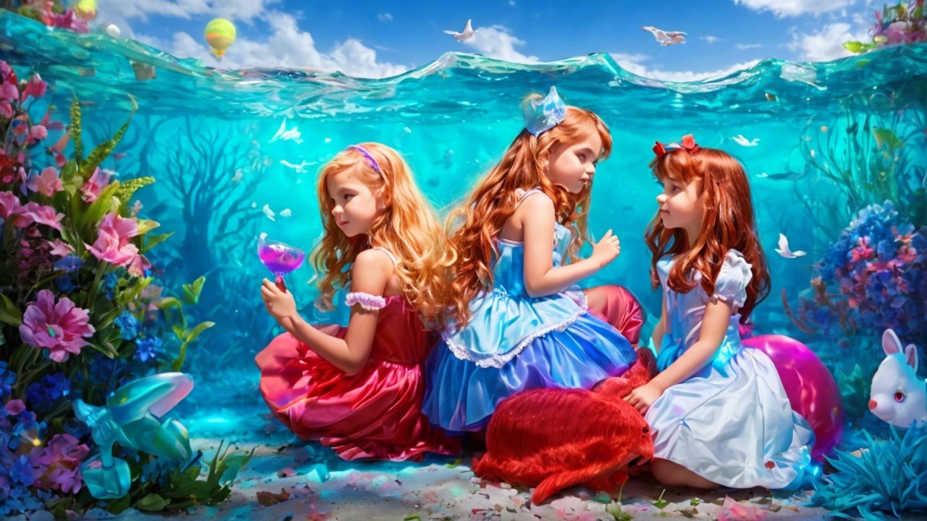 Young girls in fairytale dresses in underwater scene