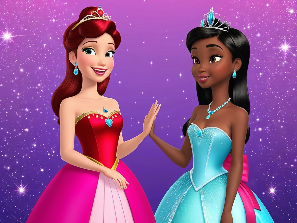Princesses in Colorful Gowns Against Purple Background