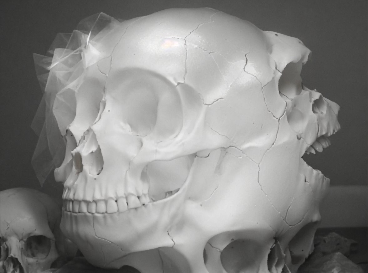 Cracked White Skull with Veil and Background Detail