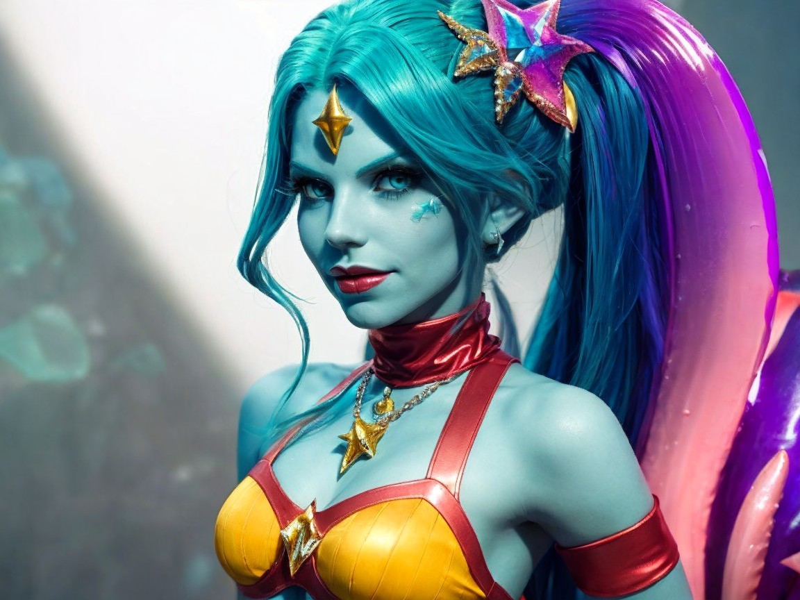 Vibrant Character with Turquoise Hair and Cosmic Costume