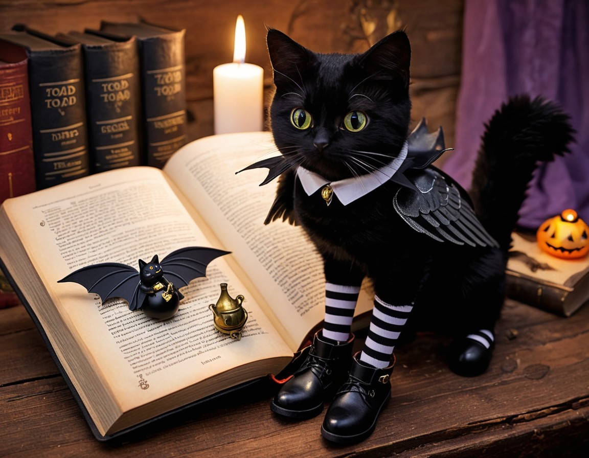 Charming Cat in Bat Outfit with Book and Candle