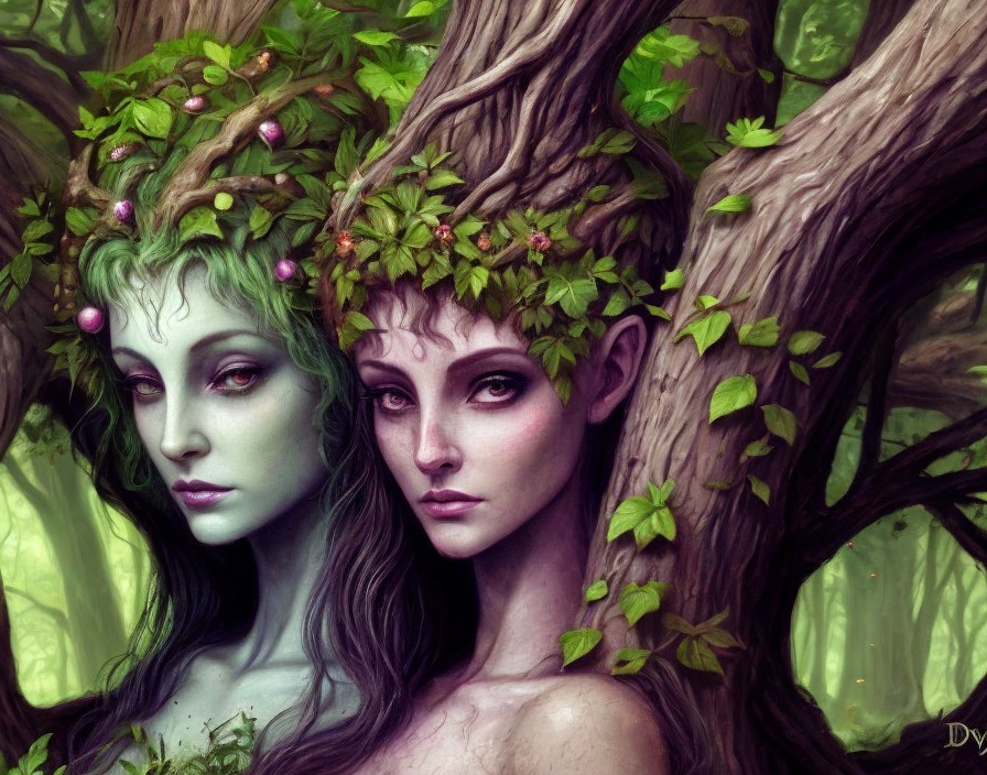 Ethereal Figures Intertwined with Nature in Harmony