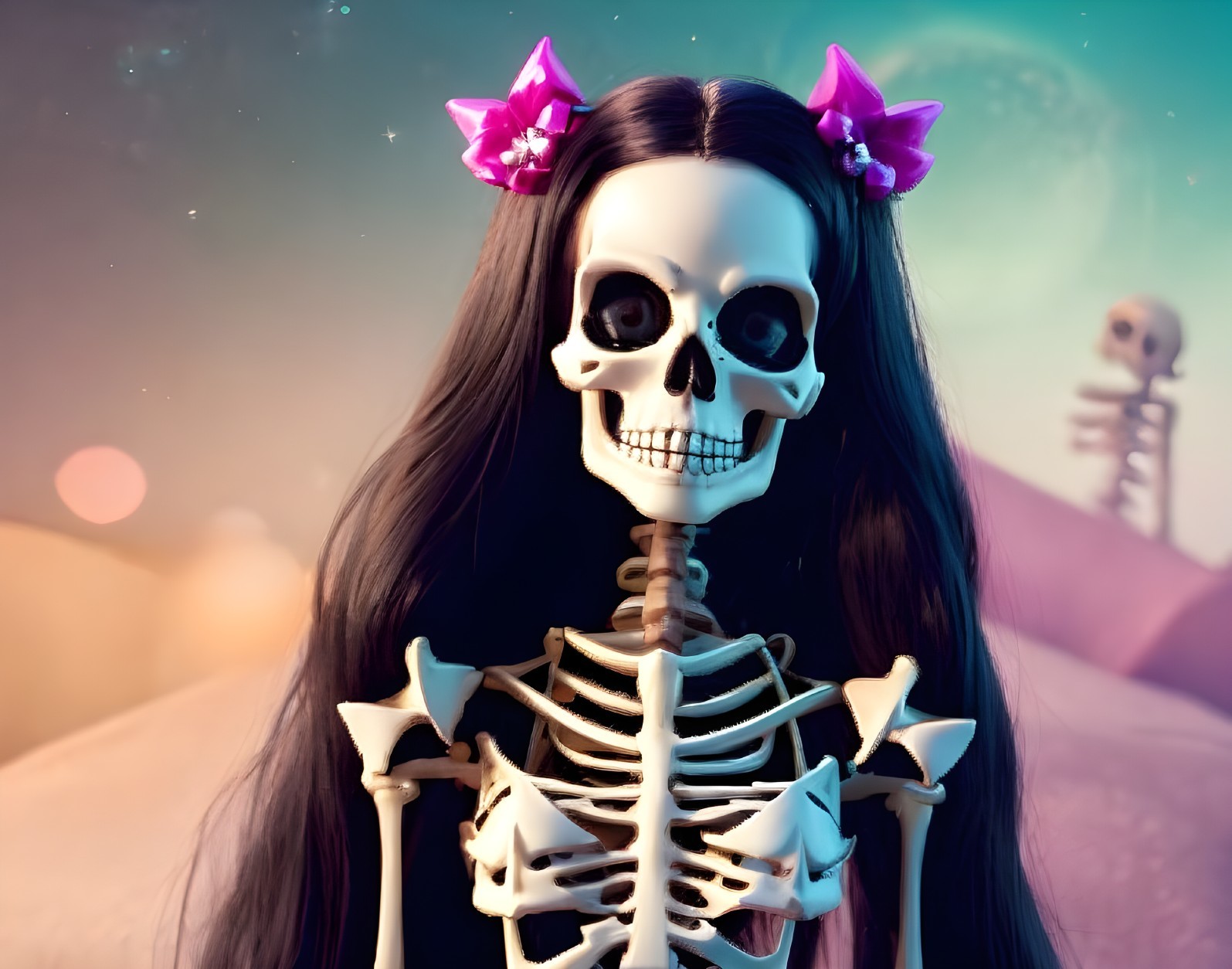 Cheerful Skeleton in Whimsical Dreamy Landscape