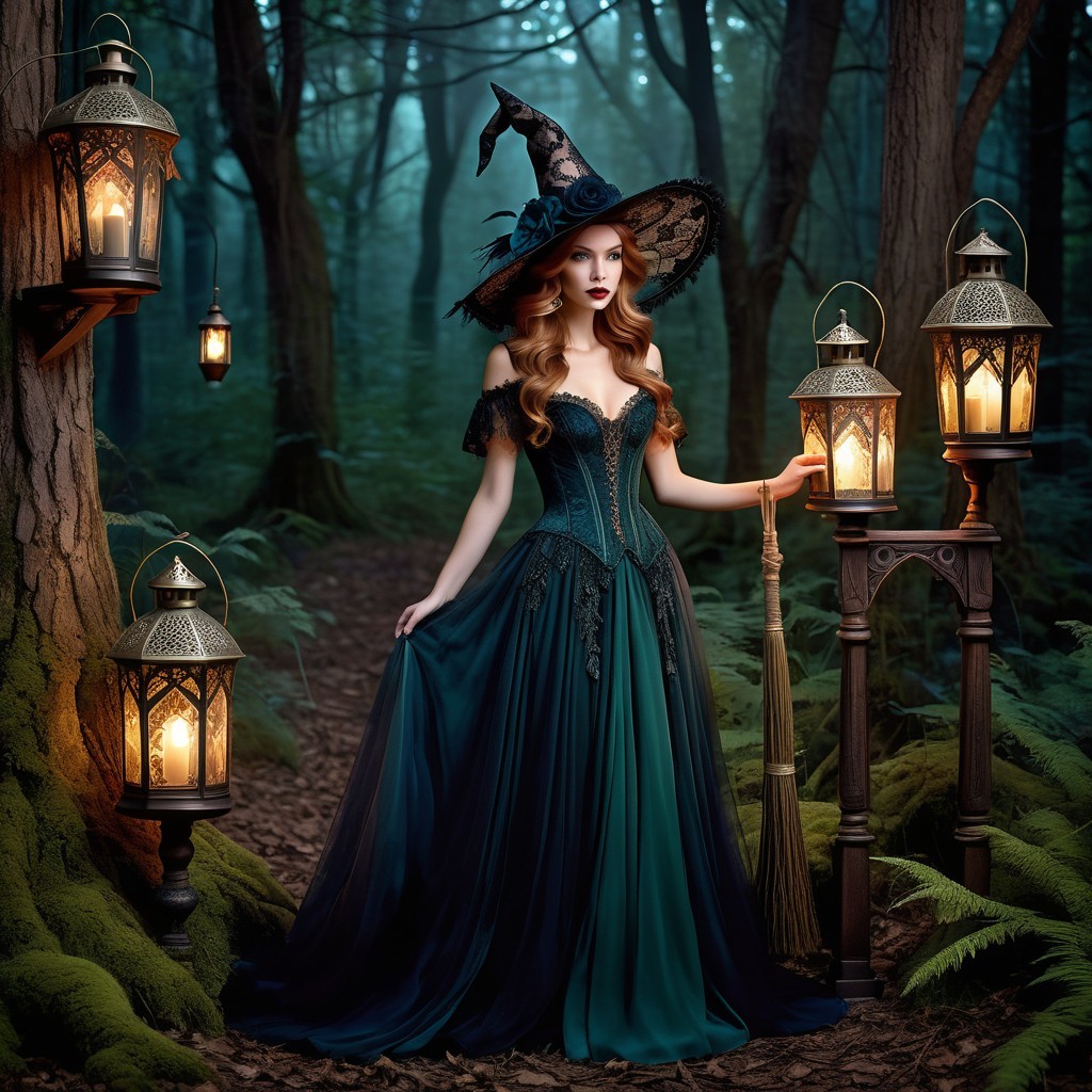 Witch in Enchanting Gown in Mystical Forest Setting