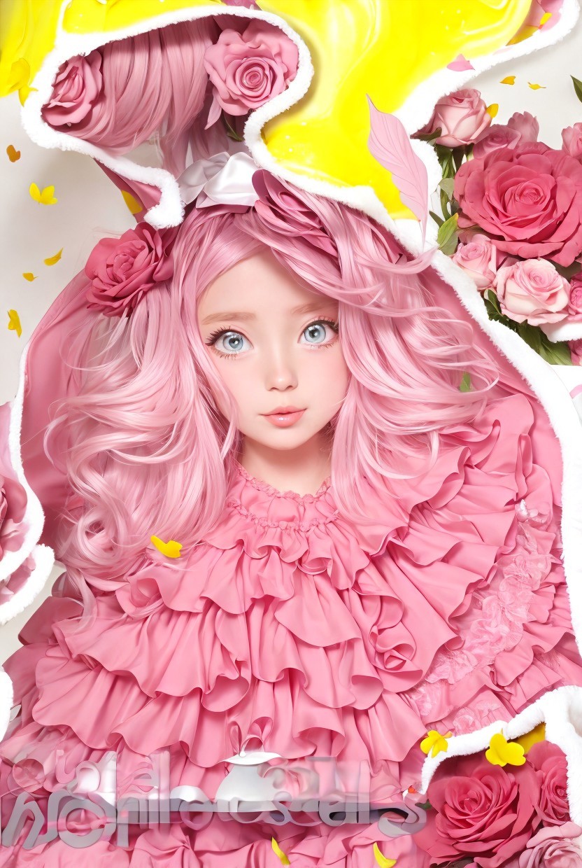 Portrait of a girl with pastel pink hair and roses