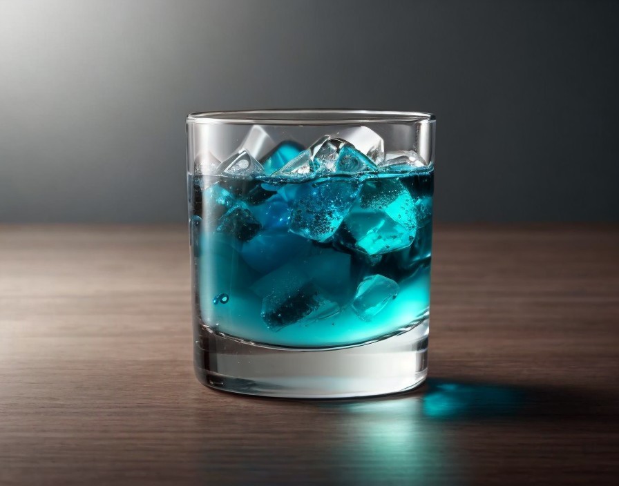 Clear Glass Tumbler with Blue Liquid and Ice Cubes