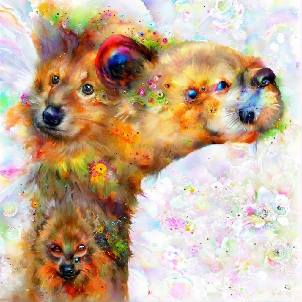 Vibrant Whimsical Portrayal of Three Stylized Dogs