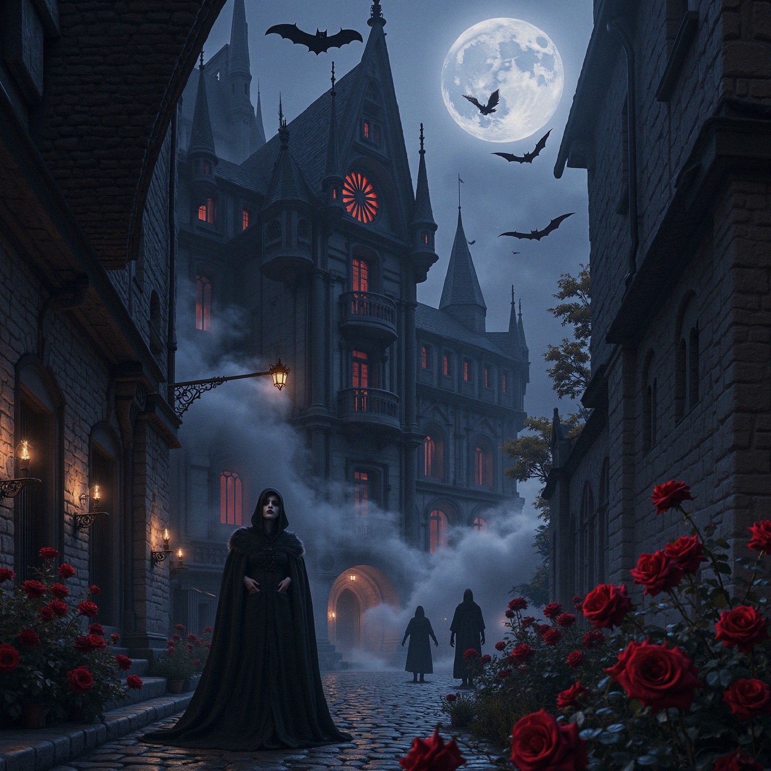 Mystical village with gothic architecture and roses